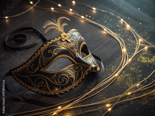 Mysterious Black and Gold Venetian Mask Amidst Ethereal Light in a Long Exposure Capture, Perfect for Masquerade and Carnival Themes photo