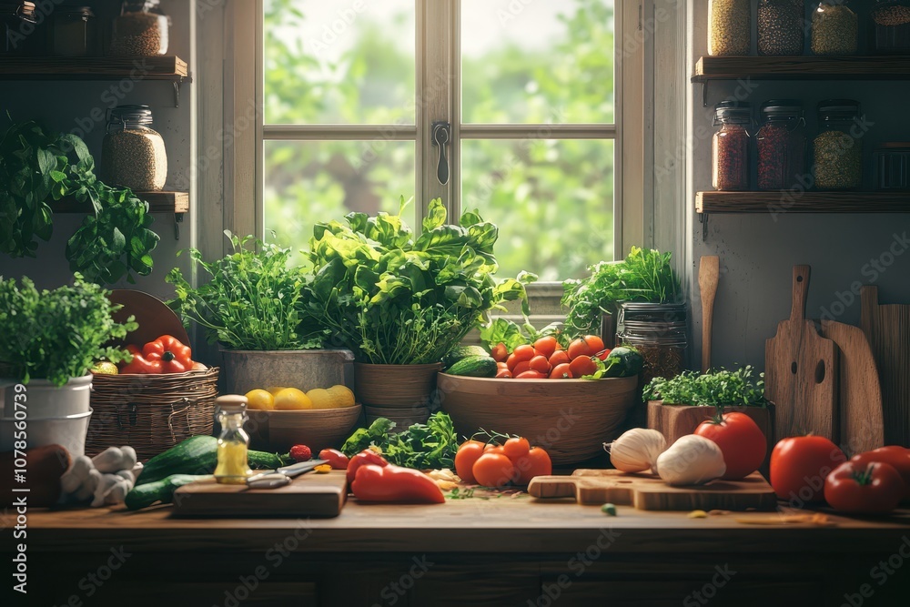 Fresh vegetables and herbs on kitchen counter. A photo for a blog post about healthy cooking or a recipe for a delicious salad. Fresh vegetables and herbs on kitchen counter. A photo for a blog post about healthy cooking or a recipe for a delicious salad.