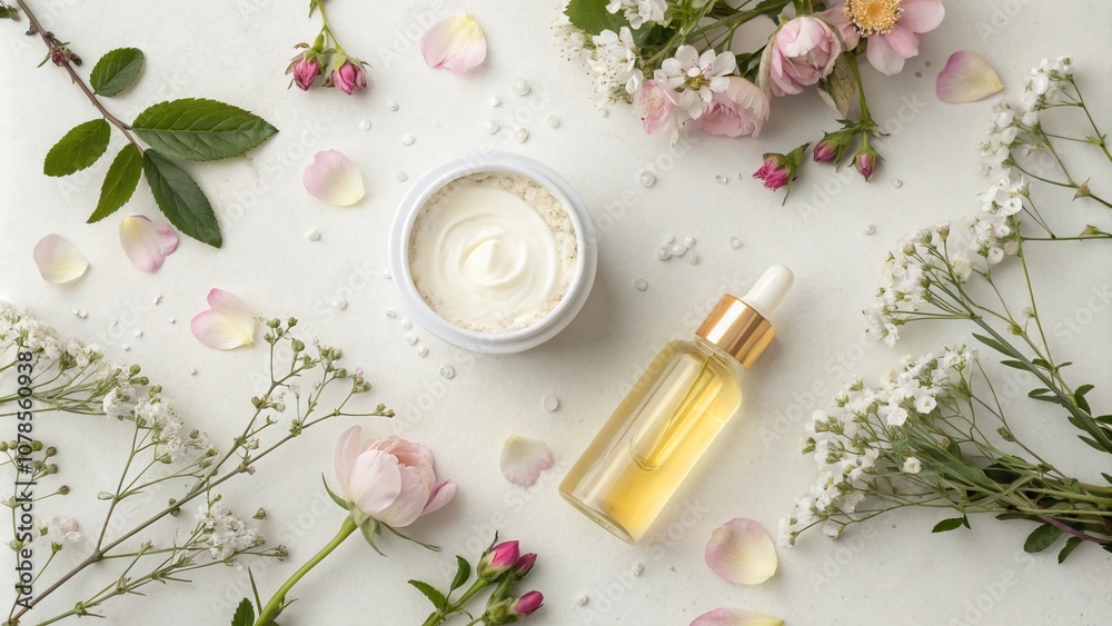 Natural Skincare and Beauty Products Flat Lay with Flowers on Light Background for Minimalist Aesthetic, Perfect for Wellness Marketing, Banners, and Posters Natural Skincare and Beauty Products Flat Lay with Flowers on Light Background for Minimalist Aesthetic, Perfect for Wellness Marketing, Banners, and Posters
