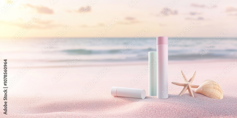 Modern skincare bottles on pink sand with shells Modern skincare bottles on pink sand with shells
