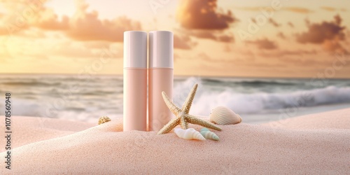 Two skincare bottles on a beach at sunset scene