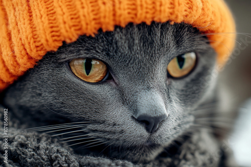 A gray cat with bright orange eyes stares intently at the camera while wearing an orange knitted hat