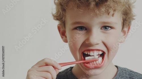 Young boy with curly hair brushing his teeth with a pink toothbrush photo