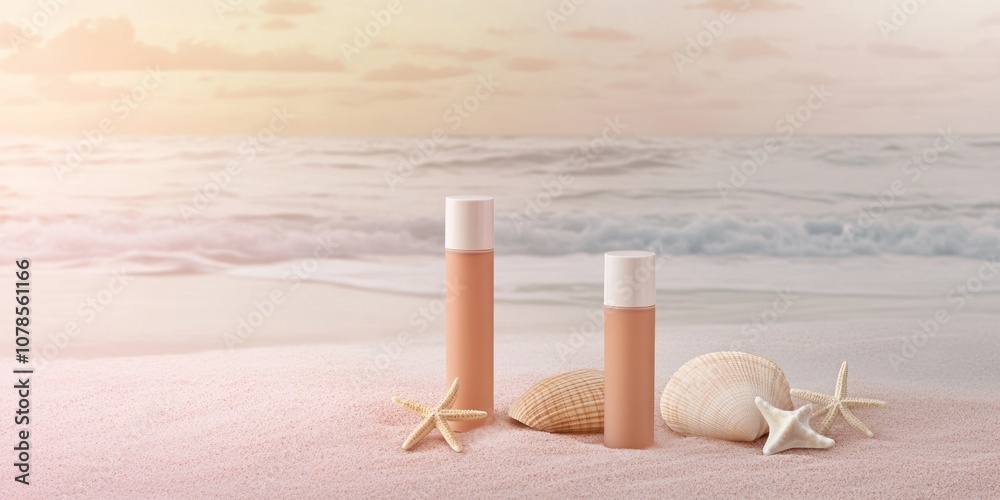 Stylized cosmetic bottles by the ocean horizon Stylized cosmetic bottles by the ocean horizon