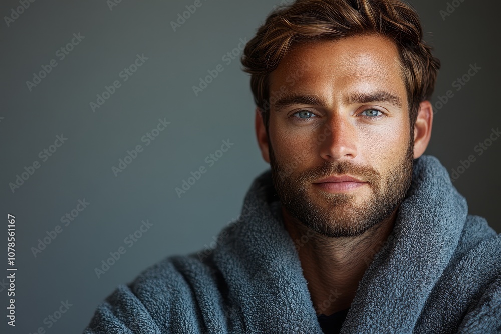 closeup portrait caucasian man in grey bathrobe on grey background closeup portrait caucasian man in grey bathrobe on grey background