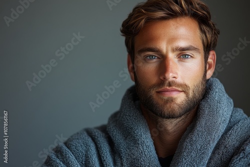 closeup portrait caucasian man in grey bathrobe on grey background