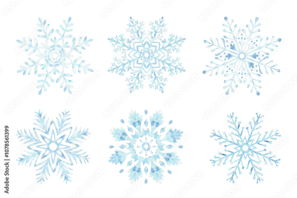 Blue snowflake. Set of Christmas and New Year's festive decorations. Hand drawn watercolor illustrations isolated. Ice stars clipart. Winter holiday background. Template for postcard, print, wrapping. Blue snowflake. Set of Christmas and New Year's festive decorations. Hand drawn watercolor illustrations isolated. Ice stars clipart. Winter holiday background. Template for postcard, print, wrapping.