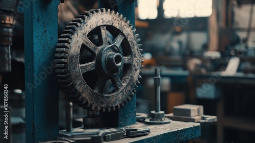 A close-up of a large gear in a workshop, showcasing industrial machinery and tools.