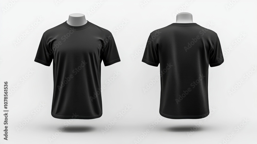 A plain black t-shirt is shown from the front and back on a light backdrop, highlighting its simplistic yet stylish features fit for daily fashion needs. A plain black t-shirt is shown from the front and back on a light backdrop, highlighting its simplistic yet stylish features fit for daily fashion needs.