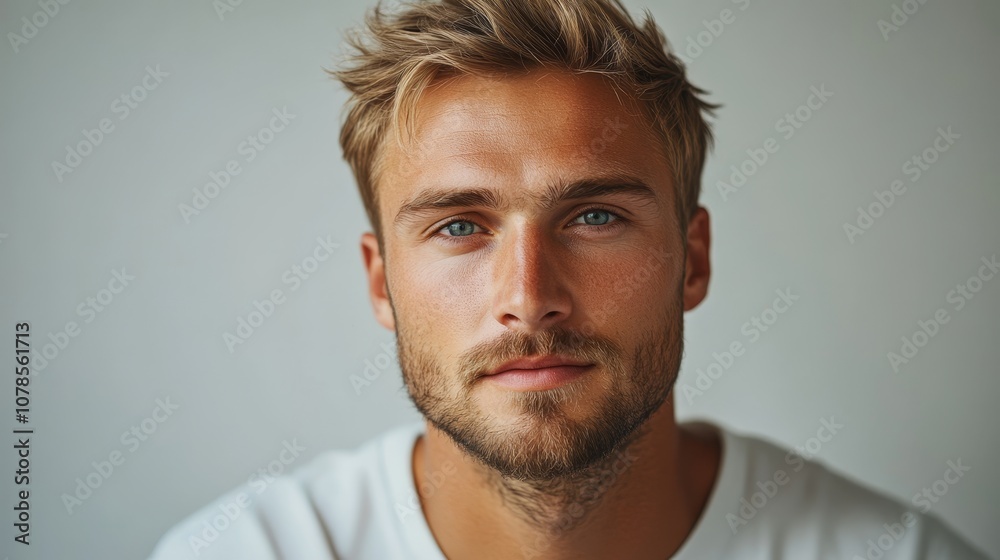 portrait handsome blonde European man 30 years old on light background portrait handsome blonde European man 30 years old on light background
