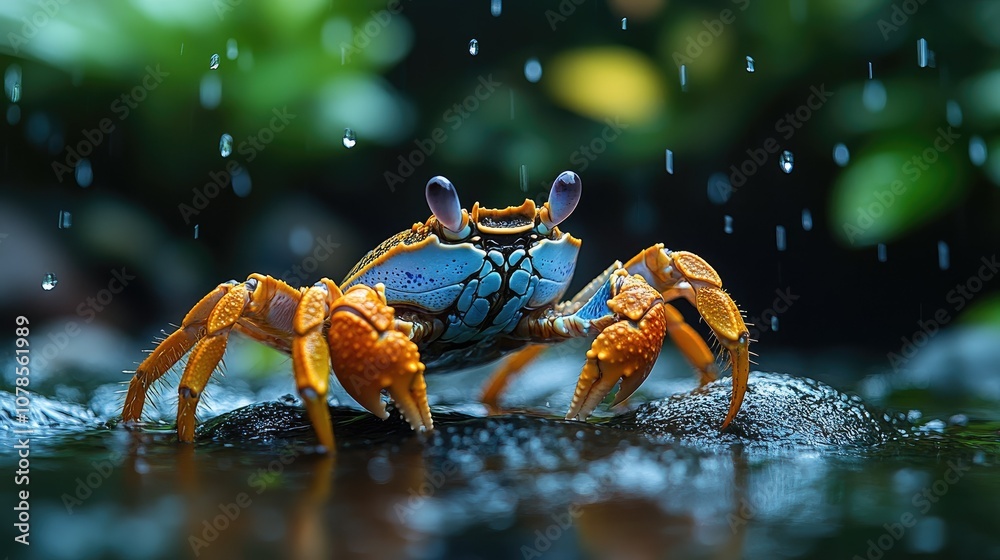 A vibrant orange and blue crab stands on a rock, with water droplets falling around it, against a backdrop of blurred green foliage. A vibrant orange and blue crab stands on a rock, with water droplets falling around it, against a backdrop of blurred green foliage.