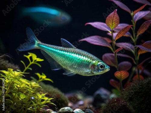 Night Photography of a Rare Platinum Green Neon Fish Paracheirodon simulans in a Vibrant Aquatic Environment with Luminous Colors and Rich Textures for Stunning Visual Appeal