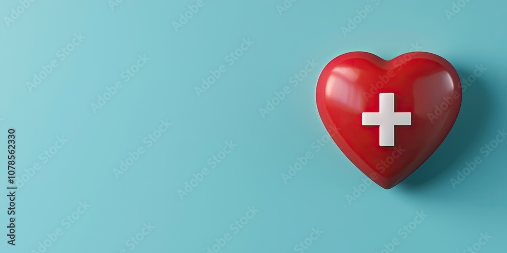 Obraz premium A vibrant red heart with a white cross symbolizes healthcare and compassion against a soft blue background.