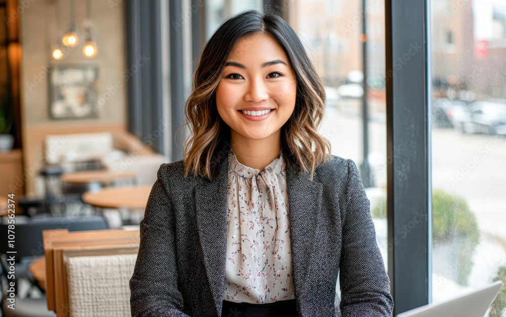 Professional Woman Smiling in a Modern Coffee Shop Setting A Symbol of Confidence and Style Professional Woman Smiling in a Modern Coffee Shop Setting A Symbol of Confidence and Style