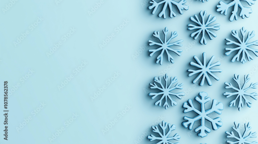 Pattern of blue snowflakes arranged on a light blue background with a minimalist and symmetrical design. Pattern of blue snowflakes arranged on a light blue background with a minimalist and symmetrical design.