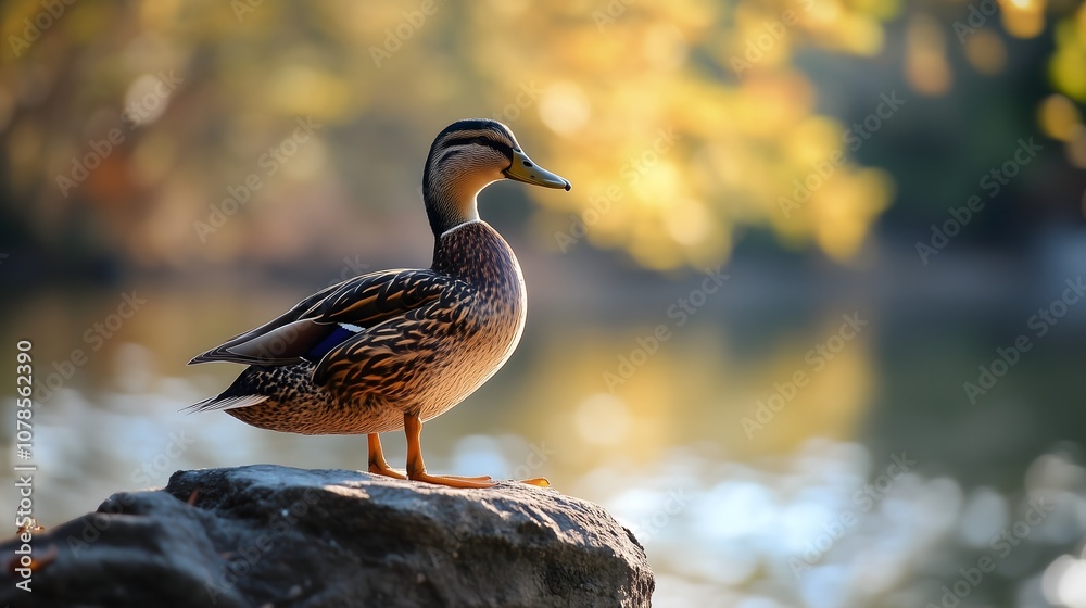 Single wild duck standing on rock near pond with golden autumn foliage bokeh background at sunset, copy space Single wild duck standing on rock near pond with golden autumn foliage bokeh background at sunset, copy space