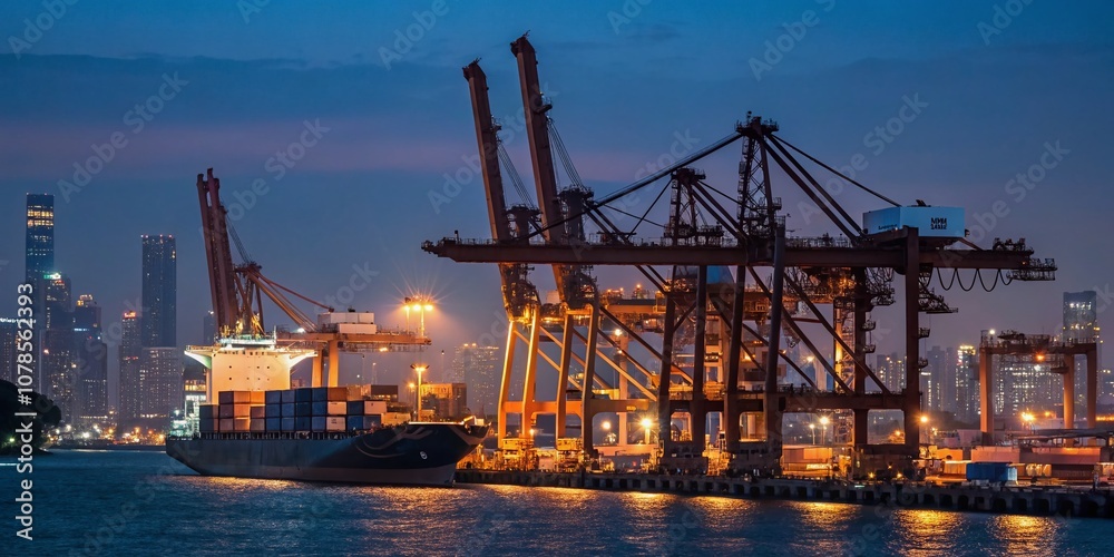 Night Photography of a Sea Port Shipping Terminal Crane in Thailand with Illuminated Containers and Vibrant City Lights, Capturing the Essence of Maritime Trade and Logistics Operations Night Photography of a Sea Port Shipping Terminal Crane in Thailand with Illuminated Containers and Vibrant City Lights, Capturing the Essence of Maritime Trade and Logistics Operations