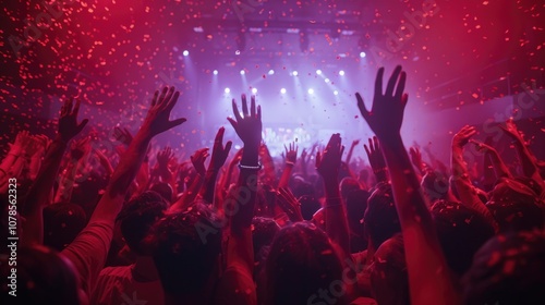 Crowd with raised hands at a live concert. Music festival and nightlife scene. Close up of crowd or diverse people looking and joining while musician performing performance in concert hall. AIG51.