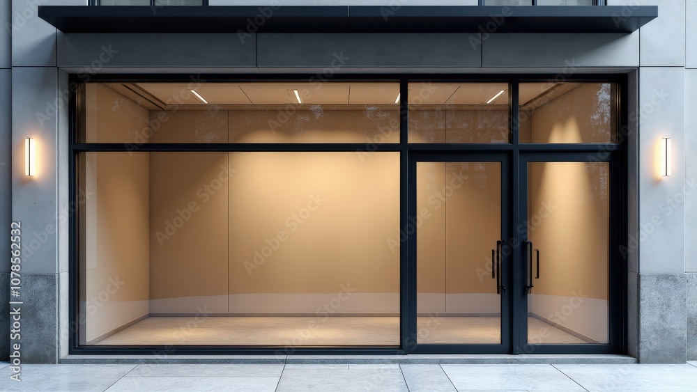 Modern storefront mockup with a sleek glass window design, ready for custom logos and branding.