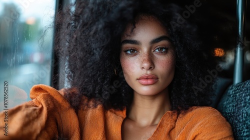 A striking portrait of a woman with curly hair in an orange garment, gazing thoughtfully outside a window, capturing tranquility and introspection in an urban setting.