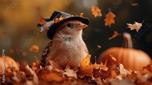 A sparrow donning a witch's hat is highlighted with autumn leaves swirling in the background, symbolizing the interplay of nature and imagination in the fall season. photo