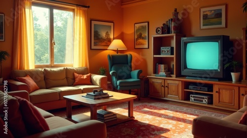 A room decorated with late 80s elements an old tube TV on a wooden stand, VHS tapes scattered around, vintage posters on the walls