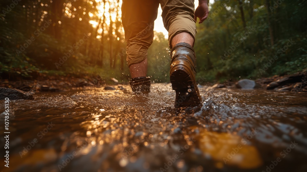 A hiker's legs and boots splash through a forest stream, capturing an adventurous spirit in a serene forest at sunset, symbolizing exploration and solitude. A hiker's legs and boots splash through a forest stream, capturing an adventurous spirit in a serene forest at sunset, symbolizing exploration and solitude.