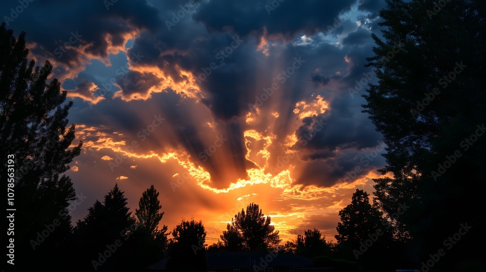 Dramatic golden sunbeams bursting through storm clouds over silhouetted pine forest at sunset, copy space