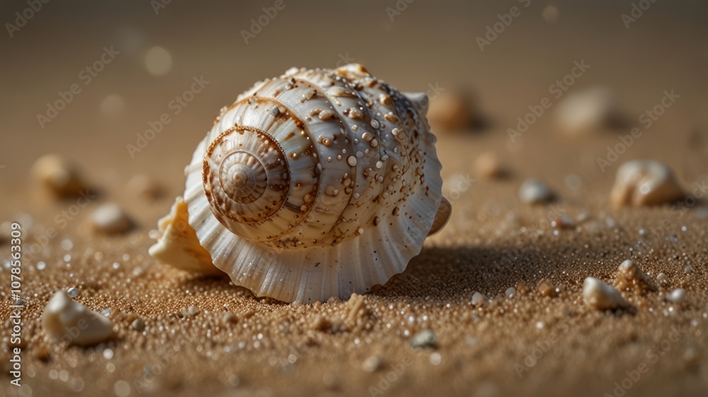A close-up of a seashell on a sandy beach, with other shells scattered around.