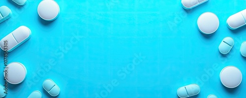 An arrangement of various blue pills and tablets on a vibrant blue background, creating a visually appealing and pharmaceutical-themed composition.