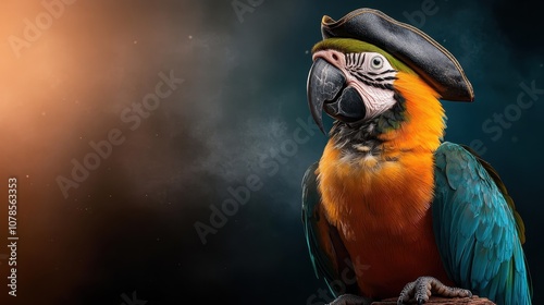 A lively parrot dressed as a pirate with a hat, captured in a dynamic posture, exuding a sense of playfulness and vibrant artistic expression. photo