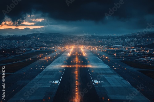 Runway lights illuminate the night. This photo showcases the beauty of an airport at night, creating a sense of anticipation and possibility.