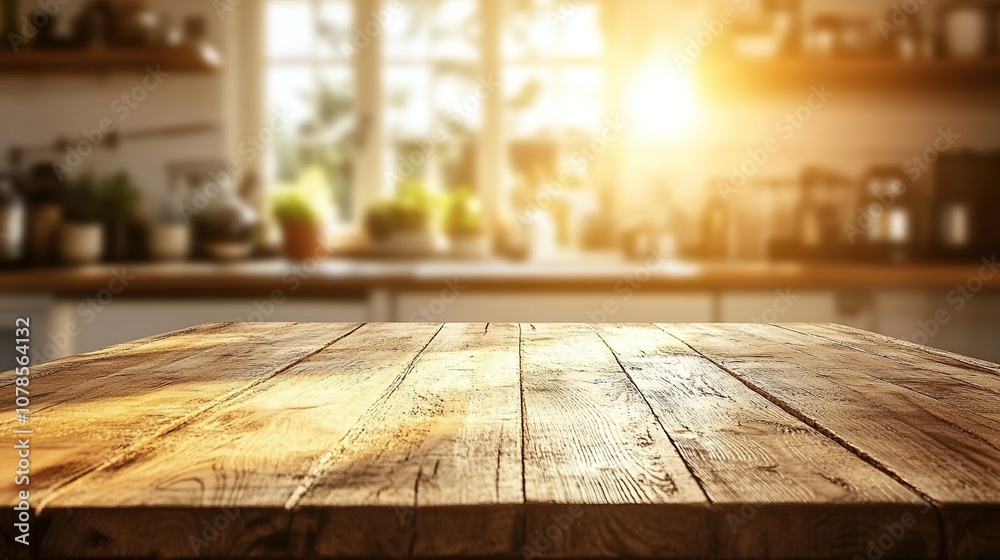 A rustic wooden table in front of a blurred kitchen interior with a warm sunbeam shining through the window. A rustic wooden table in front of a blurred kitchen interior with a warm sunbeam shining through the window.
