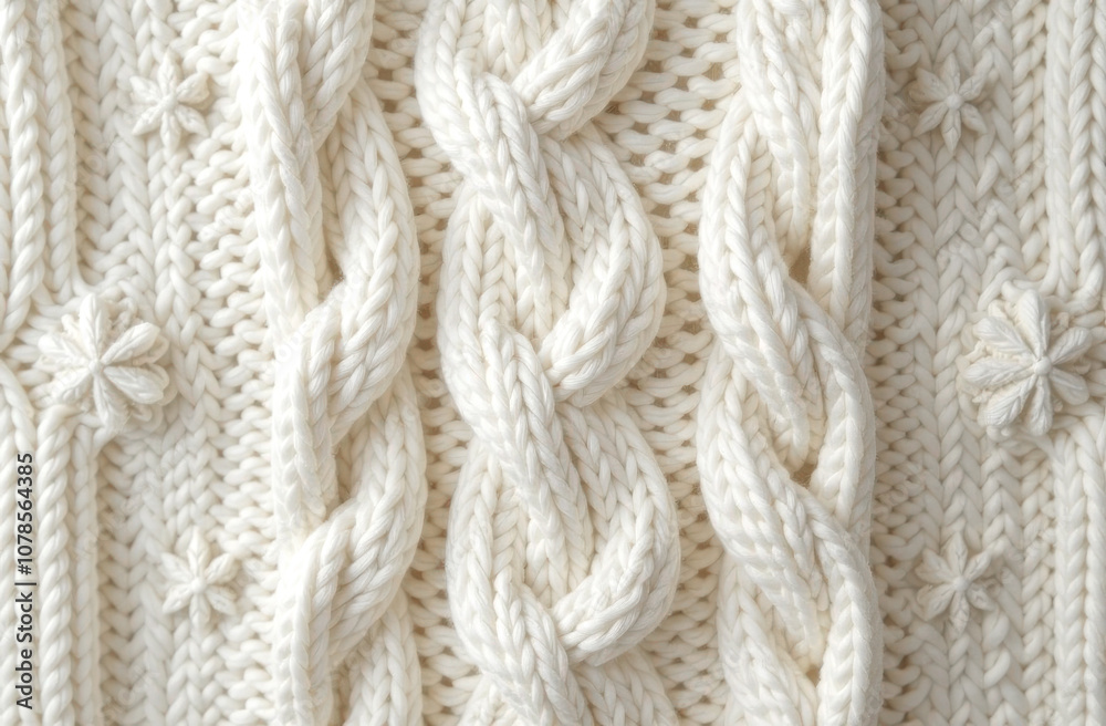 The close-up reveals a beautiful textured pattern of white cable-knit fabric, showcasing skilled craftsmanship. The close-up reveals a beautiful textured pattern of white cable-knit fabric, showcasing skilled craftsmanship.