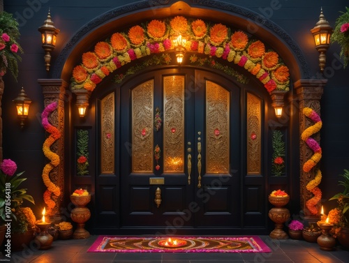 blue front door decorated with yellow flowers and glowing lamps