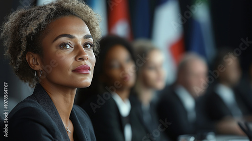 A detailed image of a group of young, diverse adults in formal attire passionately debating in a grand conference room. The background showcases flagpoles from various countries, w