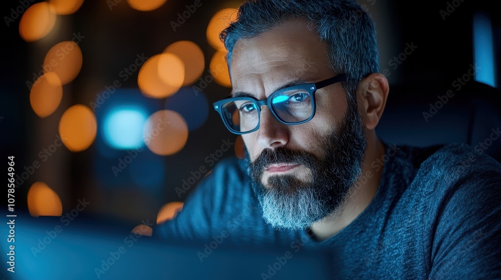 A man with a focused expression and glasses sits at a computer desk, engrossed in work, symbolizing concentration, dedication, and a modern work environment. A man with a focused expression and glasses sits at a computer desk, engrossed in work, symbolizing concentration, dedication, and a modern work environment.