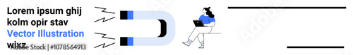 Magnetic field attracting text towards a blue magnet while a female character with laptop sits on chair. Ideal for marketing, attraction, engagement, online presence, technology, design