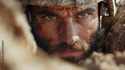 A focused infantryman captured in a moment of resolve, facing adversities with a determined look, representing courage and unyielding strength in difficult situations. photo