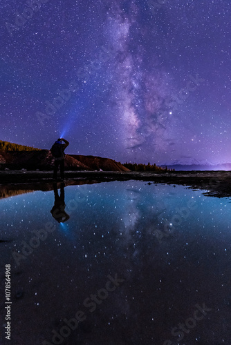 Man Standing in a mud puddle with the milky way reflecting perfectly on a cold night in the rocky mountains of Colorado