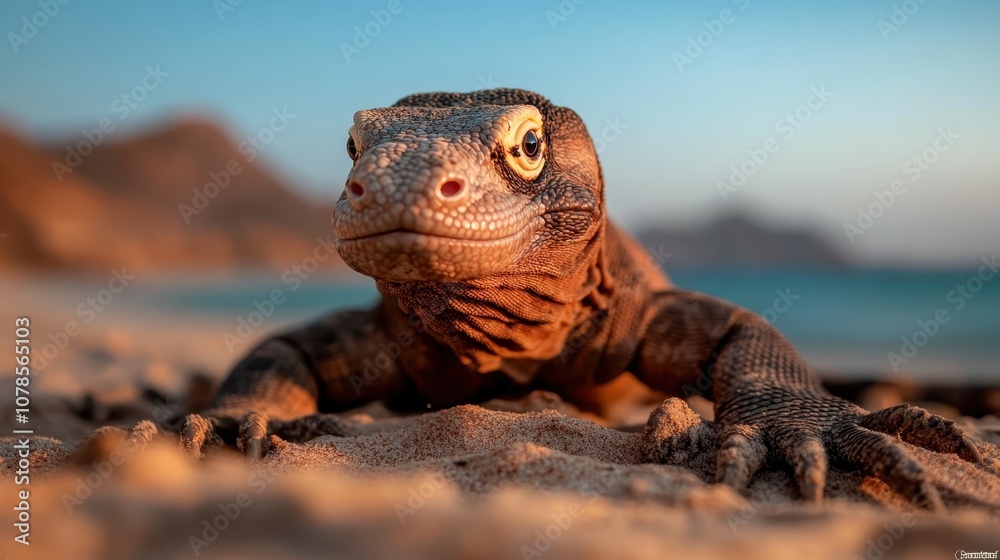 A Komodo dragon at the beach exudes its wild nature with keen eyes and robust form amidst the idyllic sandy setting, emphasized by the blue sea and sky distance. A Komodo dragon at the beach exudes its wild nature with keen eyes and robust form amidst the idyllic sandy setting, emphasized by the blue sea and sky distance.