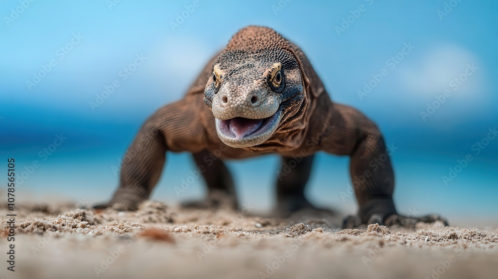 Obraz premium A playful Komodo dragon on a sandy beach, joyfully opening its mouth, displays its rugged body texture in contrast to a clear azure sky and distant sea.