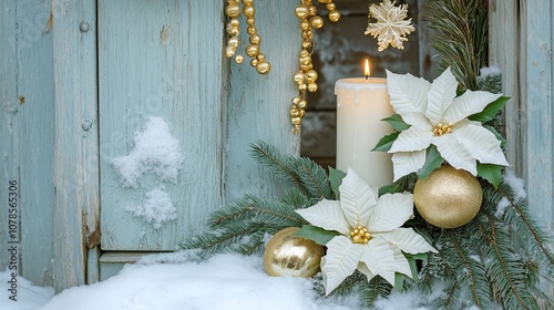 Golden poinsettia flowers and snowy pine branches, with a white candle in an ornament hanging on a wooden door. Adorned with golden ball, beads, and a light blue wall background.