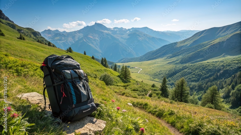 Fototapeta premium Panoramic Landscape of Majestic Mountains with a Backpack, Symbolizing Adventure and Exploration for Travel and Tourism Designs