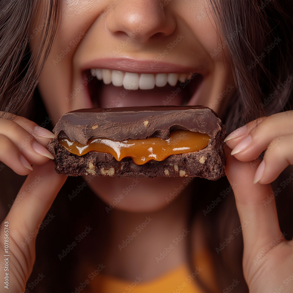 women putting a single large chunk of indulgent chocolate into their mouth. The chocolate piece has some caramel inside. a smile on women face women putting a single large chunk of indulgent chocolate into their mouth. The chocolate piece has some caramel inside. a smile on women face
