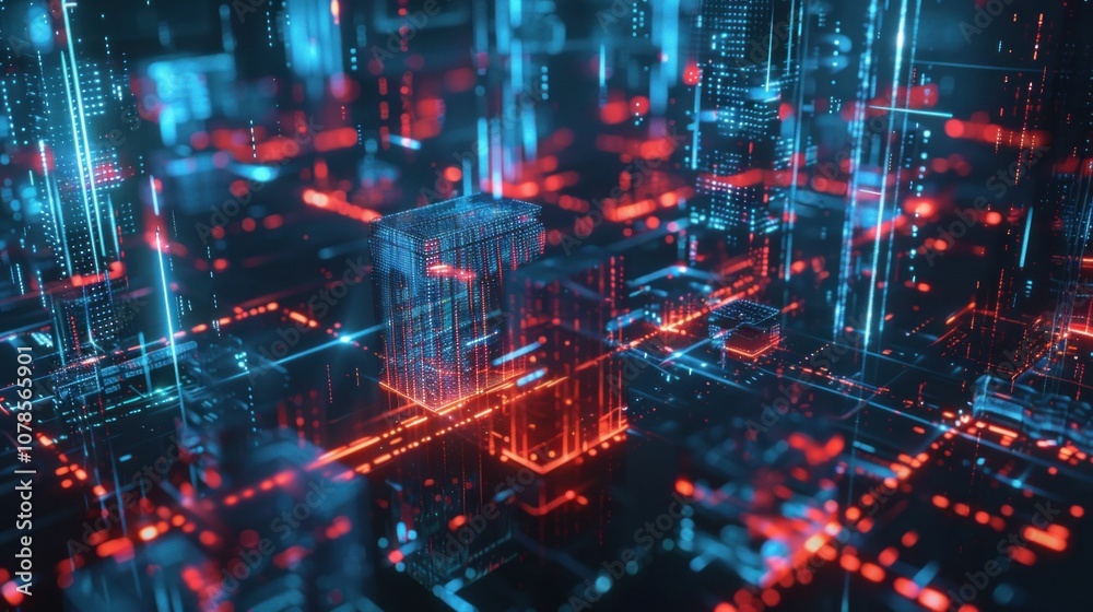 Fototapeta premium Abstract digital cityscape with glowing blue and red circuitry, representing technology, innovation, and connectivity in a futuristic urban environment filled with data streams