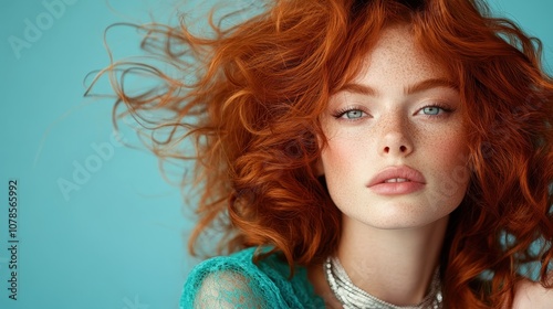 A red-haired woman with curly hair and freckled skin poses with a dreamy expression against a turquoise background, wearing a green lace top and pearl jewelry. photo