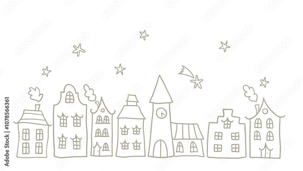 Cute hand drawn doodle houses, christmas town with stars and decorated houses, great for banners, wallpapers, invitations - vector design Cute hand drawn doodle houses, christmas town with stars and decorated houses, great for banners, wallpapers, invitations - vector design
