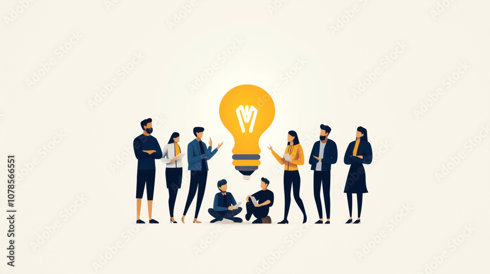 Illustration of diverse business people in discussion with a large glowing light bulb symbolizing innovation and teamwork on a neutral background. Illustration of diverse business people in discussion with a large glowing light bulb symbolizing innovation and teamwork on a neutral background.