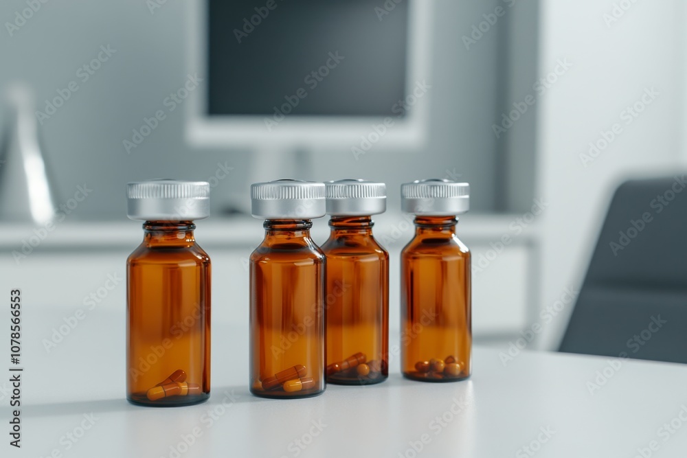 Four amber glass bottles containing pills on a desk in a modern office setting during the daytime Four amber glass bottles containing pills on a desk in a modern office setting during the daytime